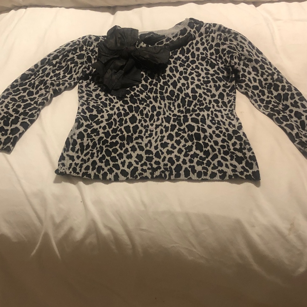 Women’s Blue and Gray Leopard Print Sweater with Bow Accent